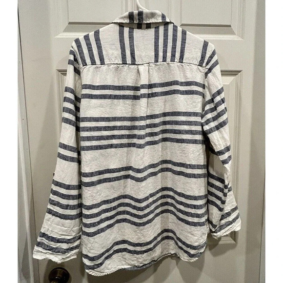 Ellen Tracy Button Popover Blouse Womens  100% Linen Blue White Striped Large - Picture 5 of 7